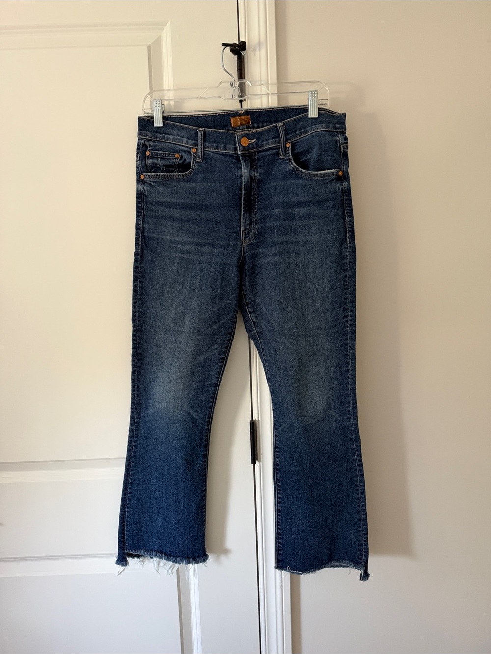 MOTHER Dark Blue Cropped Frayed-Hem Jeans